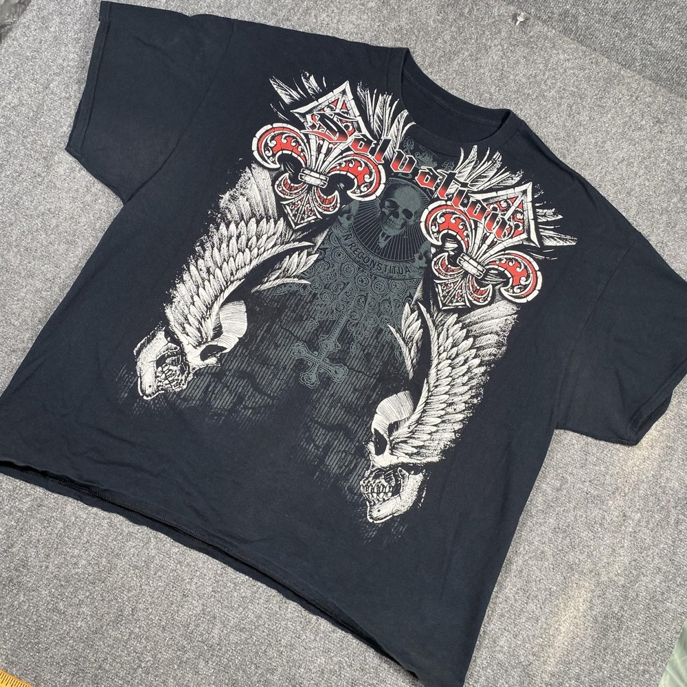 Salvations Shirt‎ Mens 2XL Black Skull Wings Fleur De Lis Gothic Graphic Tee